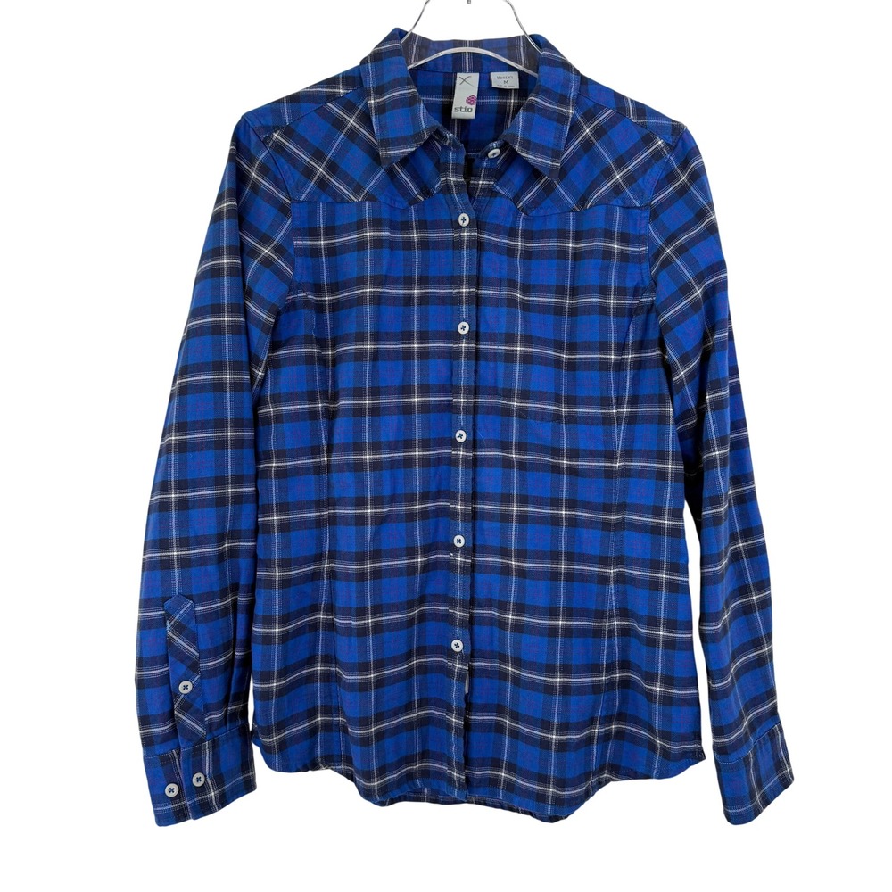 Stio Blue Plaid Cotton Flannel Western Shirt WOMEN Medium OUTDOOR HIKING CAMPING